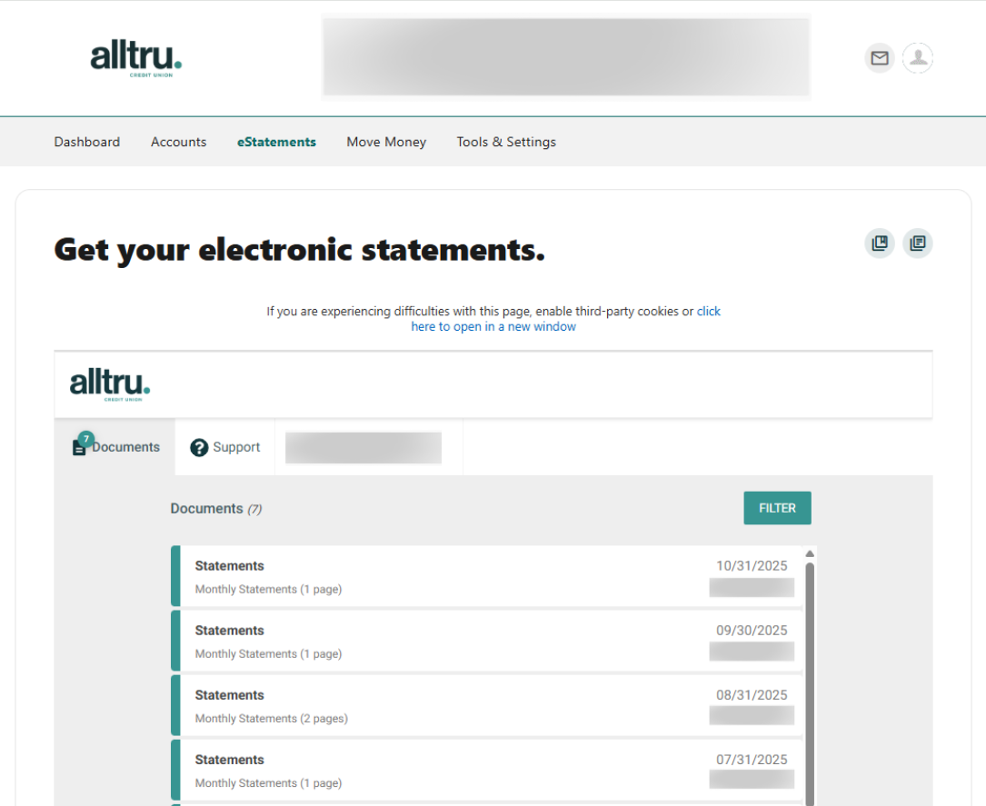 A screenshot of eStatements enrollment through Online Banking. The Statements document is selected from the top of the list