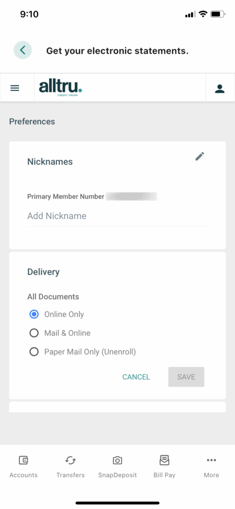 eStatements screenshot with Online Only delivery selected