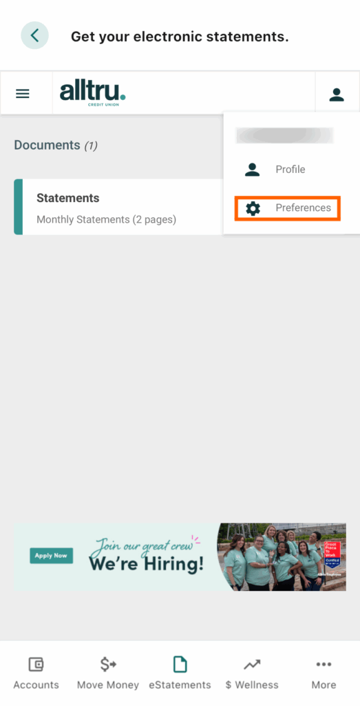 Mobile banking screenshot of statements with a box around Preferences