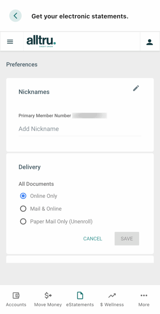 eStatements screenshot with Online Only delivery selected