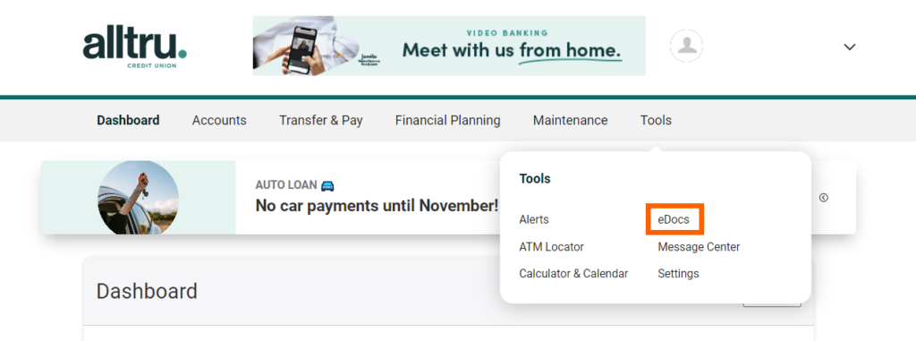 Online banking screenshot with an orange box around 'eDocs' under the Tools menu