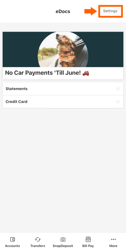 Mobile banking screenshot of eDocs widget with an orange box highlighting Settings