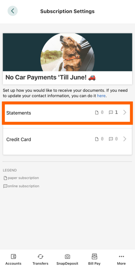 Mobile banking screenshot of eDocs Subscription Settings page with an orange box highlighting Statements