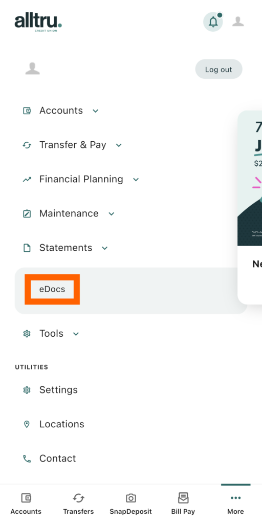 Mobile banking screenshot with an orange box highlighting the eDocs option under the Statements menu dropdown