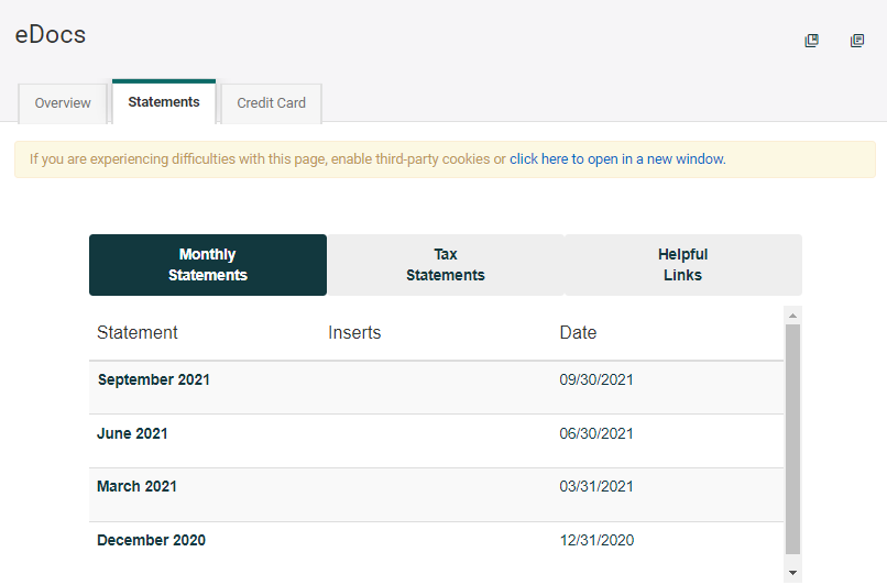 Online banking screenshot of eDocs page underneath the Statements tab showing the monthly statement history