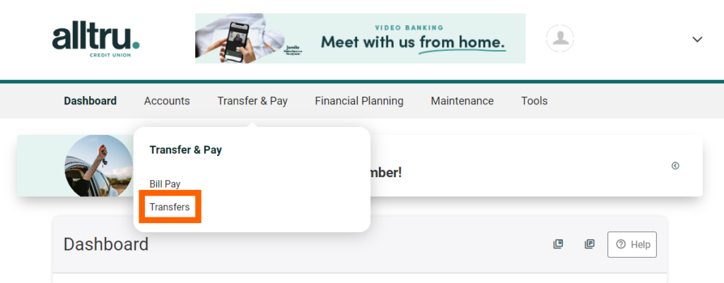 Online banking screenshot with an orange box around the Transfers option in the Transfer & Pay dropdown menu