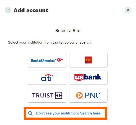 Online banking screenshot with an orange box around the searchbar labeled 'Don't see your institution? Search here'