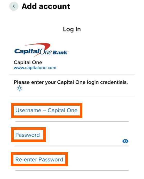 Online banking screenshot with an orange box around the username and password login fields