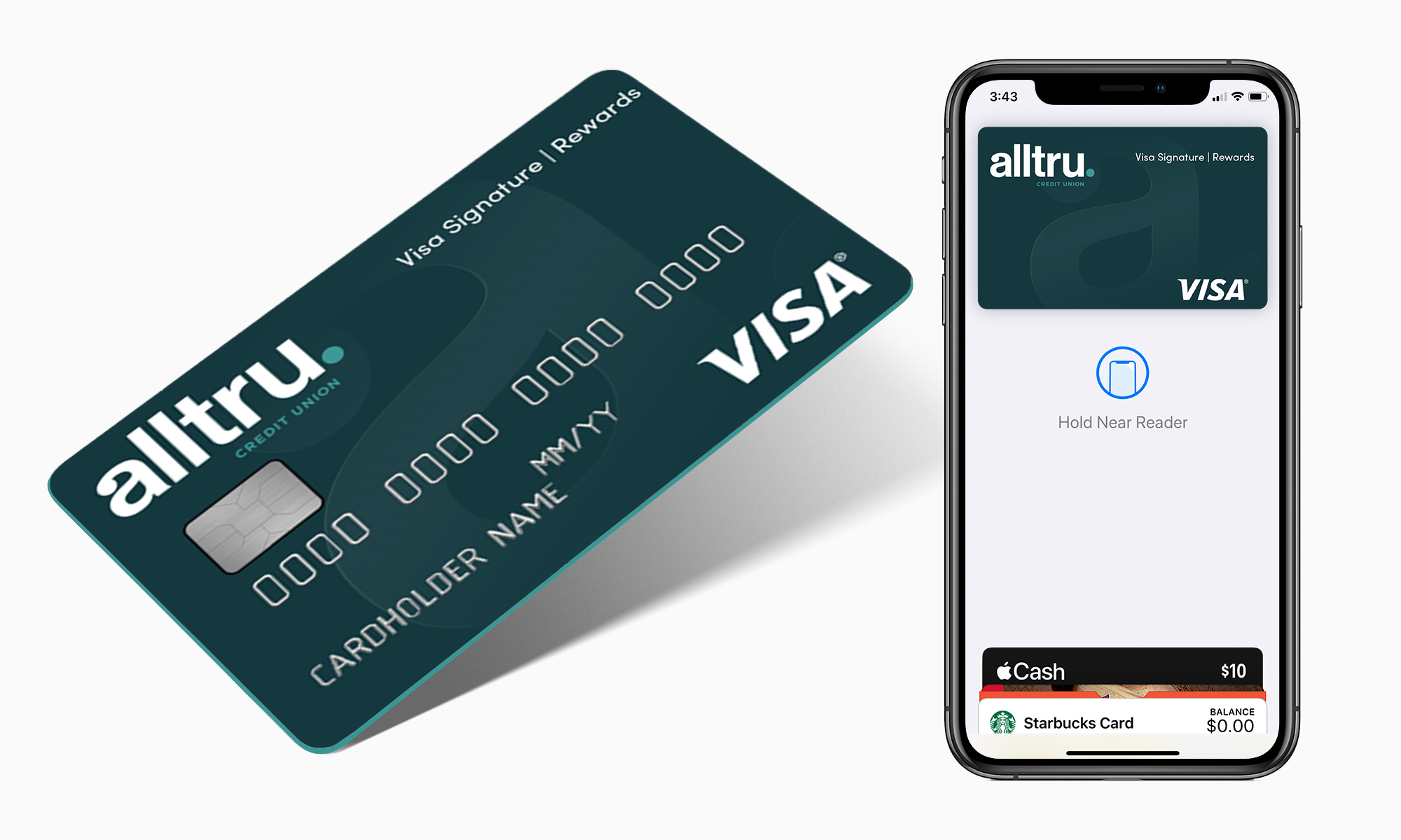 Digital wallet showing Alltru Visa Signature Rewards Card on iPhone