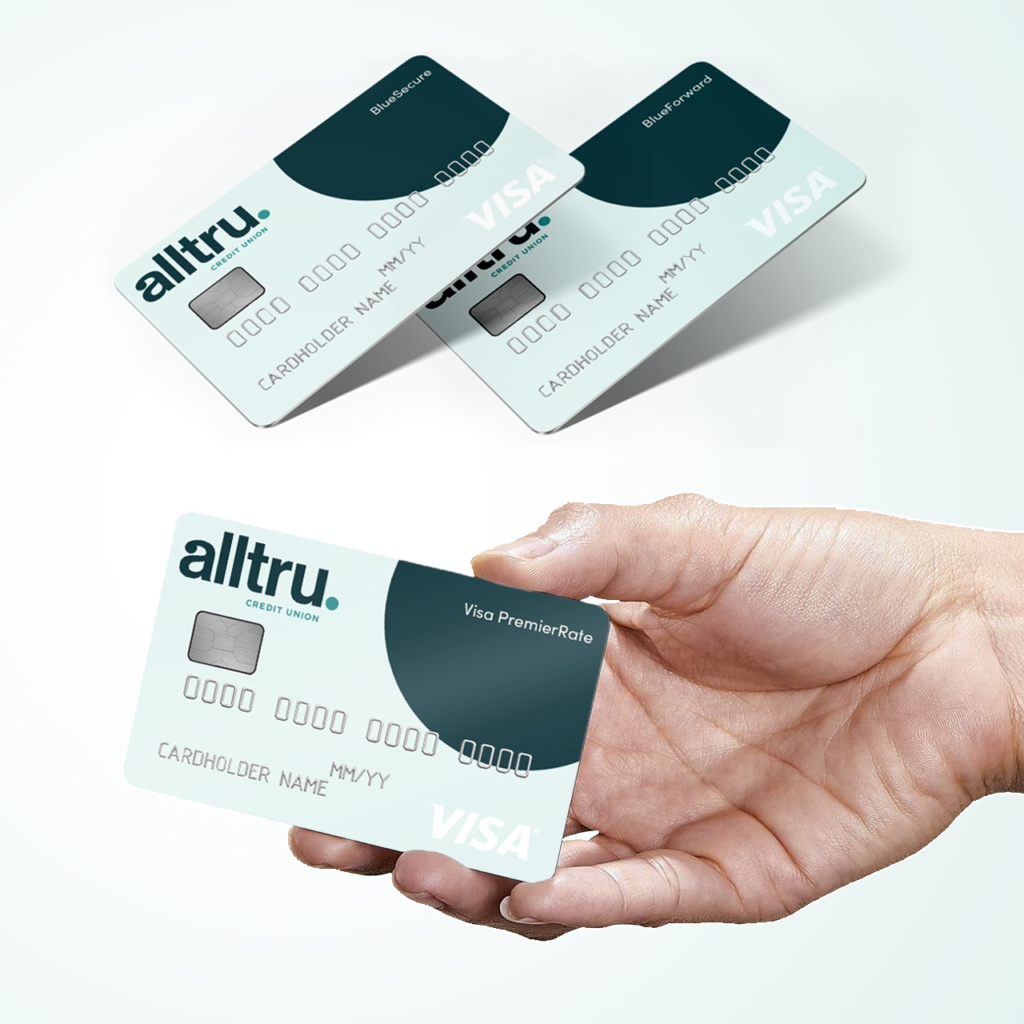 Hand holding an Alltru Premier Rate Credit Card