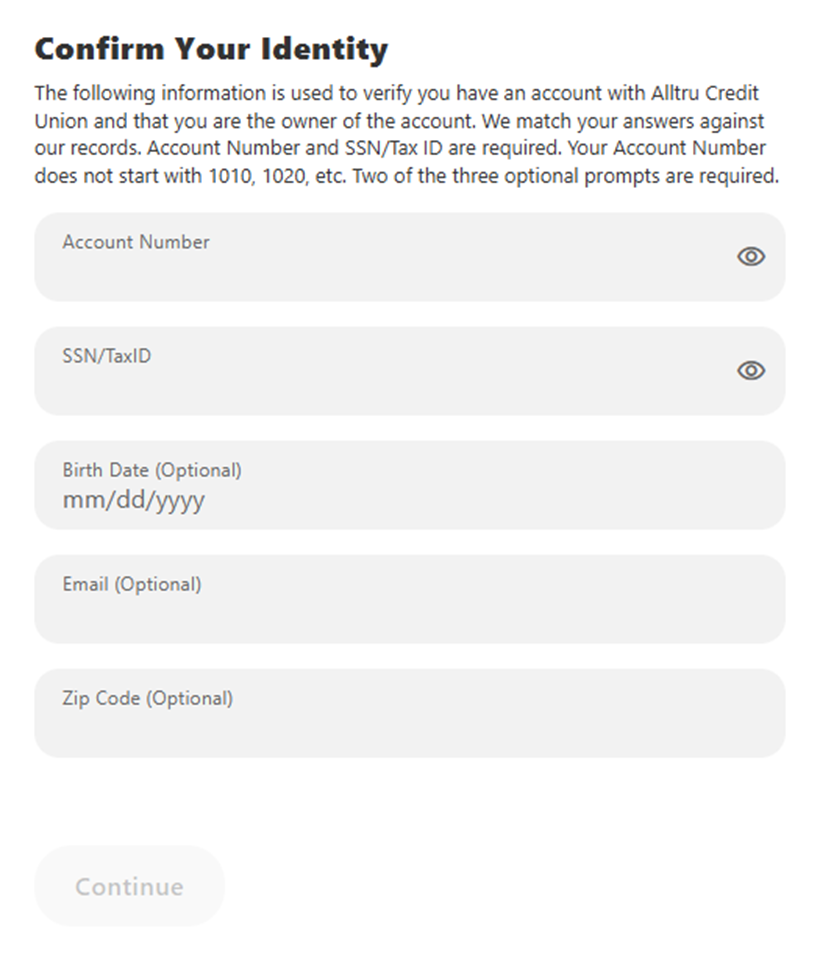 Confirm your identity instructions for online banking with your account number, SSN/TaxID, birth date (optional), email (optional), and zip code (optional)