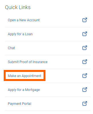 Online banking screenshot of quick links with orange box highlighting Make an Appointment link