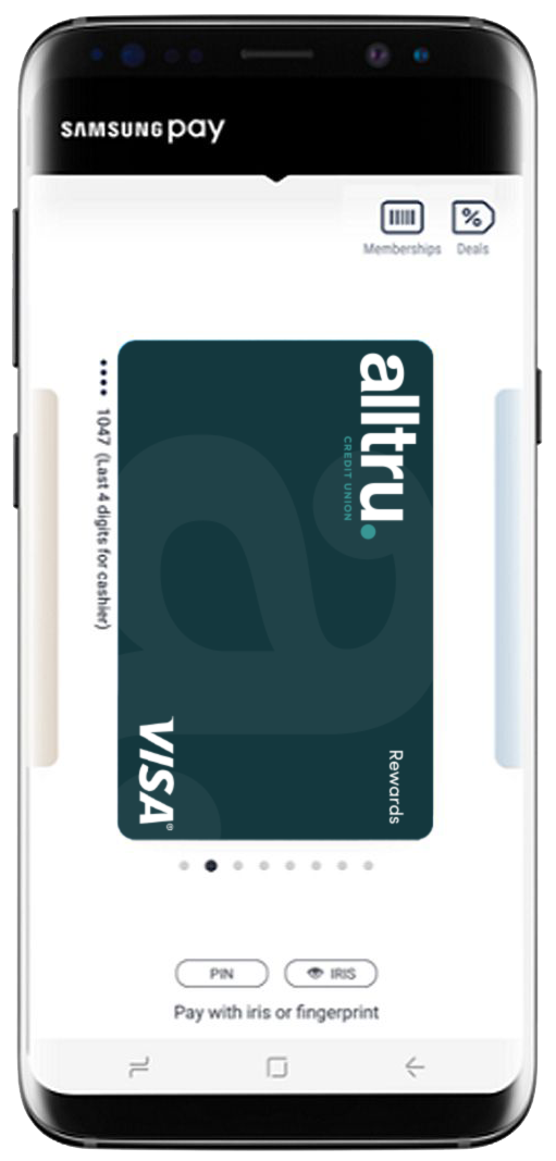 Digital wallet showing Alltru Visa Signature Rewards Card on phone