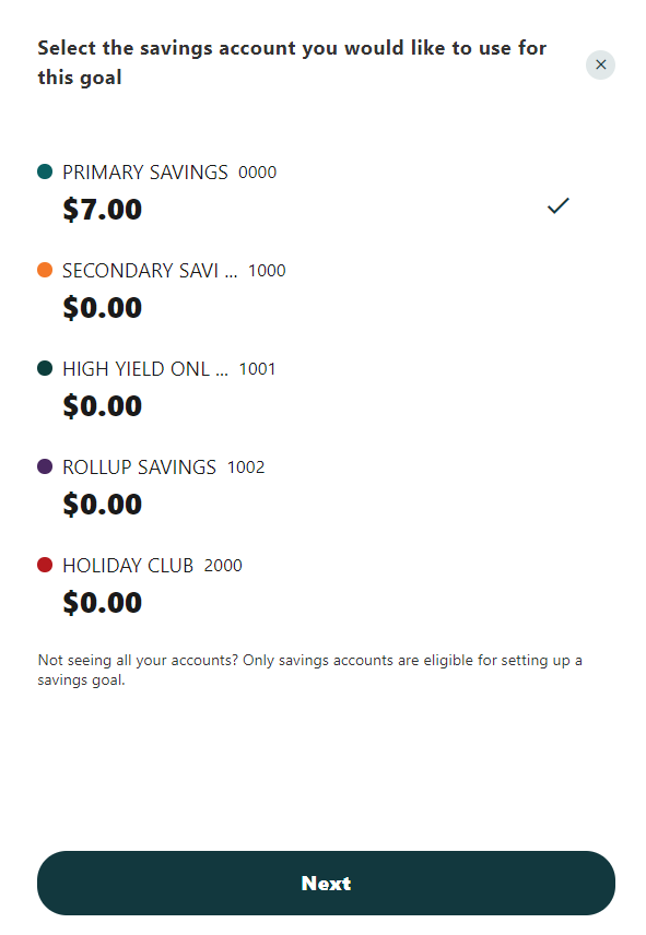 Savings goal screenshot with Primary Savings account selected from list of Savings Accounts
