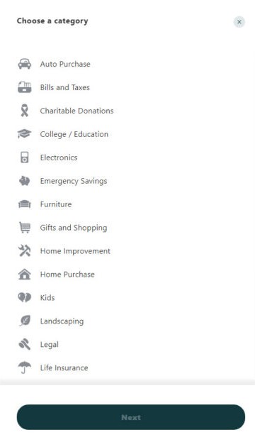 Savings goal screenshot with list of savings categories