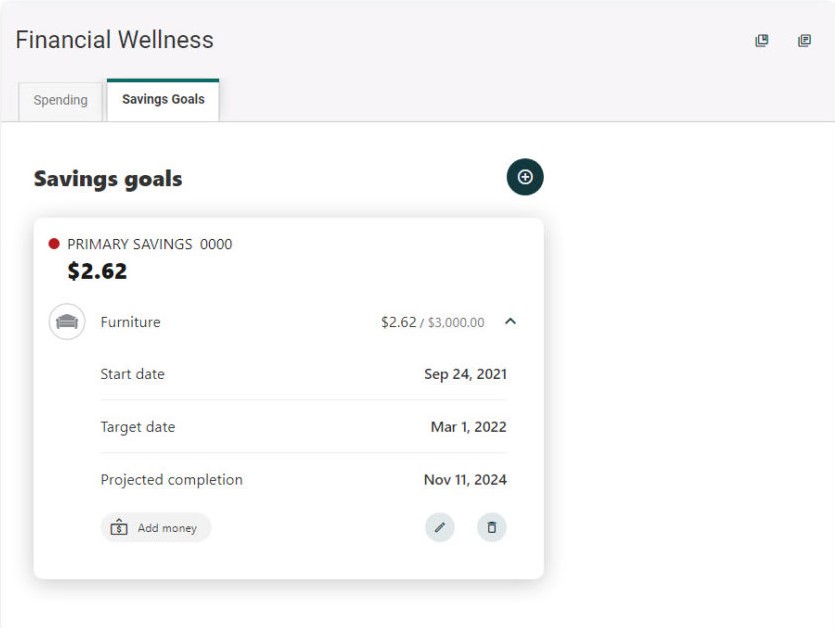 Savings goal screenshot showing the completed savings goal underneath the Financial Wellness widget