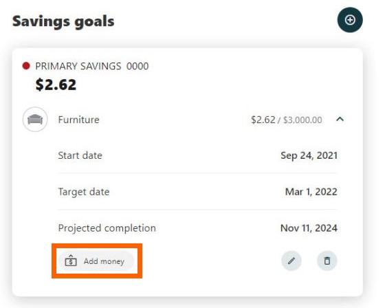 Savings goal screenshot showing how to add money to a goal with an orange box highlighting the Add Money button