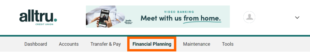 Online banking screenshot with orange box highlighting the Financial Planning option from the top menu