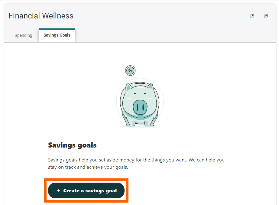 Online banking screenshot of Savings Goals page with an orange box around Create a Savings Goal button