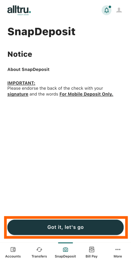 Mobile banking screenshot of SnapDeposit widget with an orange box highlighting the Got it, let's go button