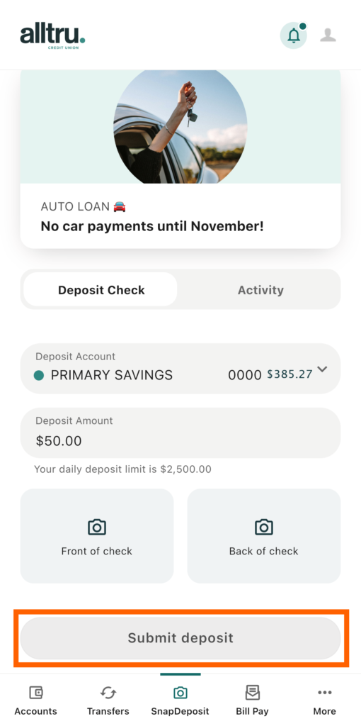 Mobile banking screenshot showing SnapDeposit screen with orange box highlighting Submit Deposit button