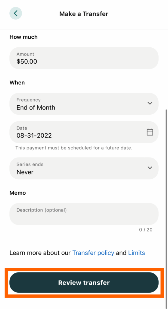 The Review transfer button circled in orange