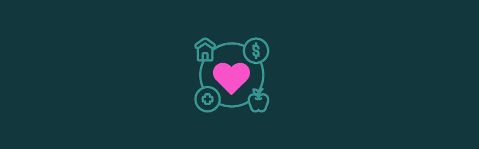 A circle with points for a house, a dollar sign, an apple, and a safety ring, with a heart inside