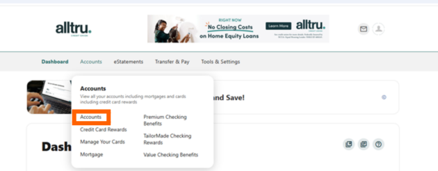 Online banking screenshot of Accounts drop down menu with an orange box highlighting the Accounts option