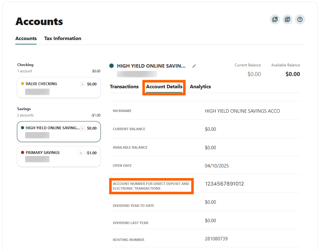 Online banking screenshot of Accounts page with orange box around the Account details tab and Account number section
