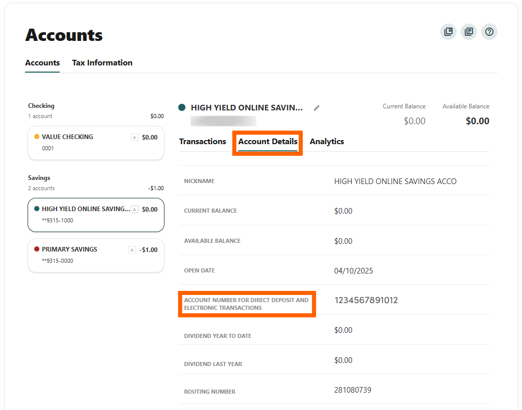 Online banking screenshot of Accounts page with orange box around the Account details tab and Account number section