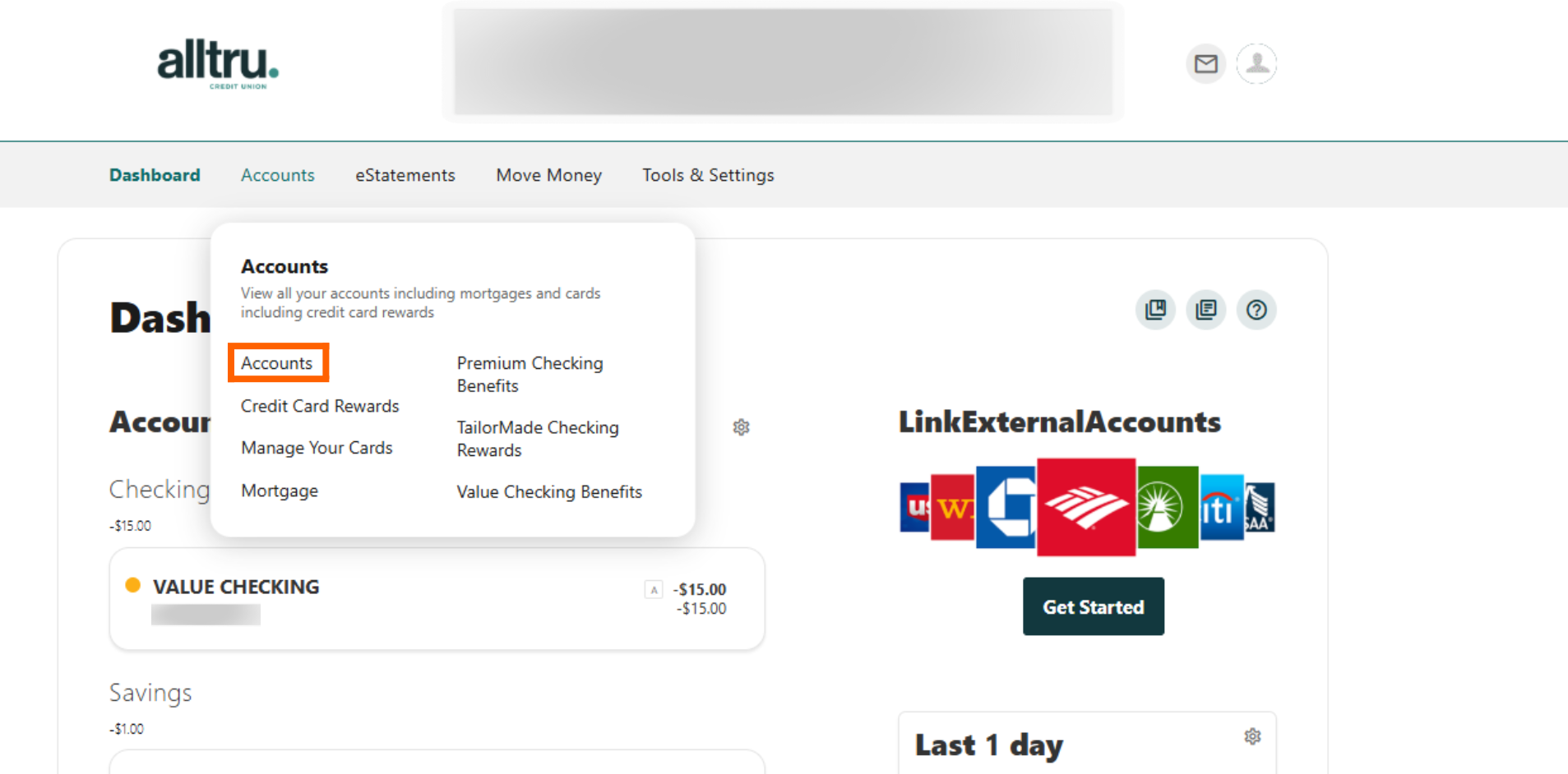 Online banking screenshot of Accounts drop down menu with an orange box highlighting the Accounts option