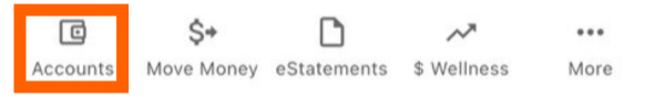 Mobile banking screenshot of Accounts screen with orange box highlighting Accounts widget in bottom menu