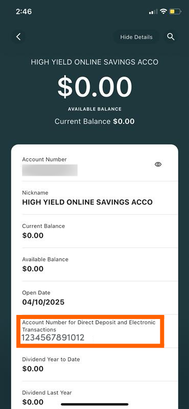 Mobile banking screenshot of a savings account with an orange box around Account Number