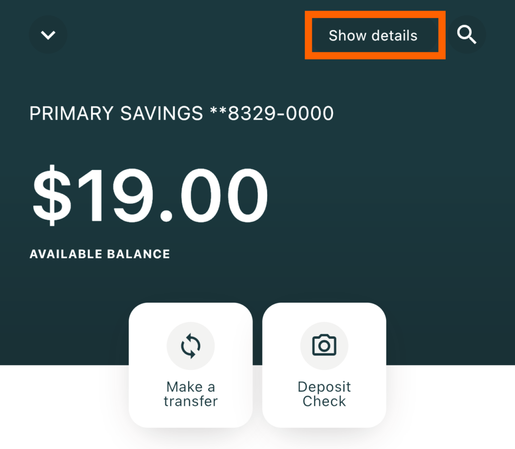 Mobile banking screenshot of Account screen with orange box highlighting Show details button