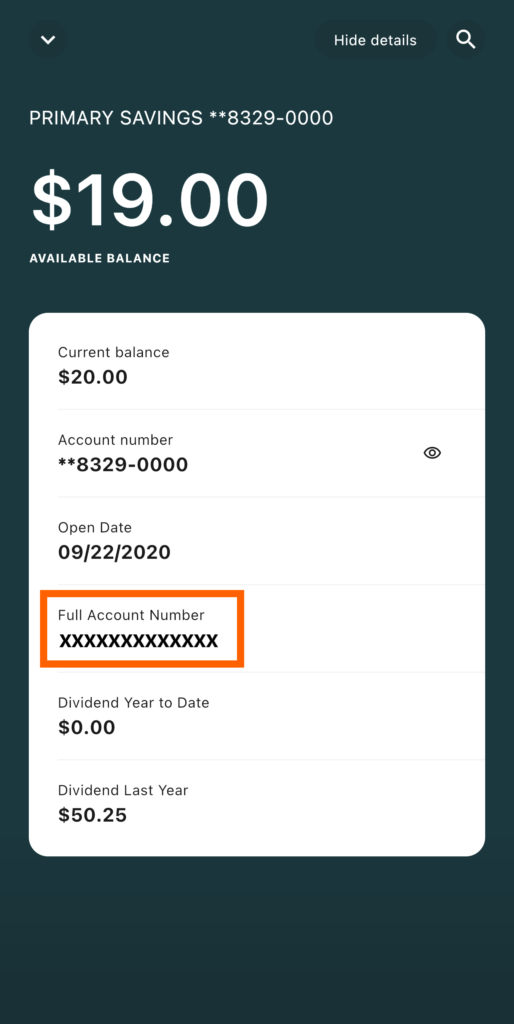 Mobile banking screenshot of Account Details screen with orange box highlighting Full Account Number