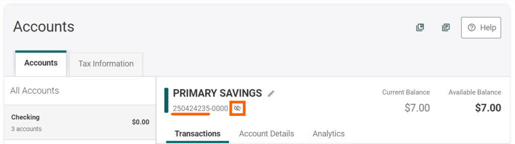 Online banking screenshot of Accounts page with orange box highlighting eye icon to reveal full account number. Full Account Number is underlined.