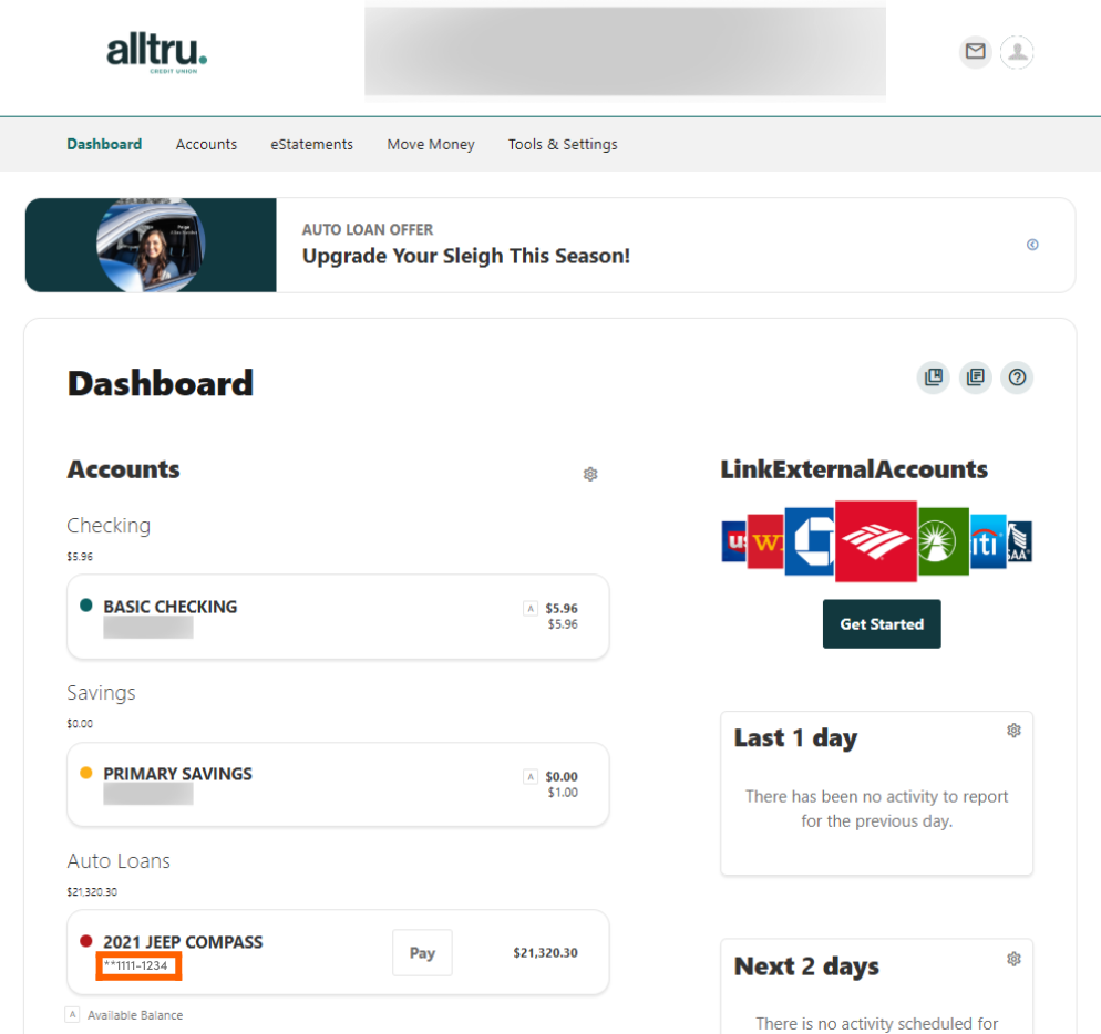Online banking screenshot with a close up of Auto Loan with an orange box highlighting the Loan ID '1111-1234' directly underneath Loan Description '2021 Jeep Compass.'