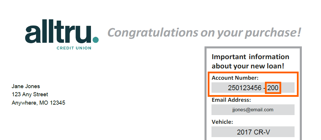 New Loan Letter with an orange box on the top right highlighting Account Number and the Last Three Digits after the hyphen.