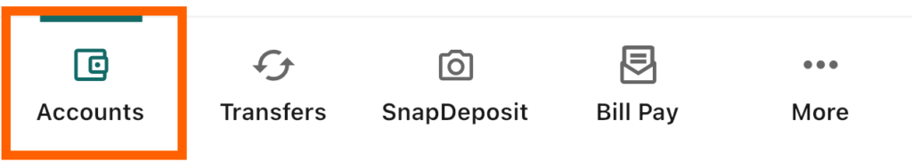 Mobile banking screenshot of bottom menu with orange box highlighting Accounts option
