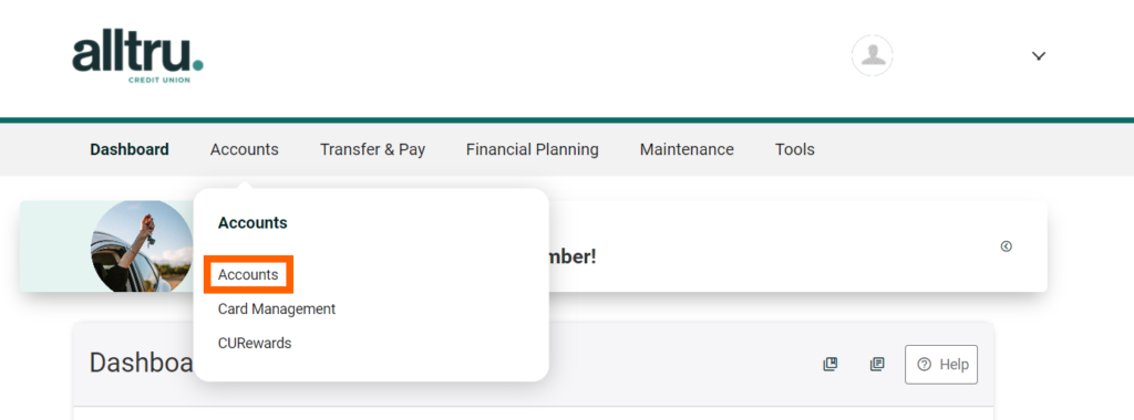 Online banking screenshot of Accounts drop down menu with an orange box highlighting the Accounts option