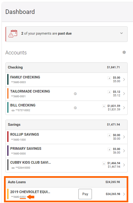 Online banking screenshot of Dashboard page with an orange box surrounding their Auto Loan showing where to find the Loan ID. Loan ID is the last 3 digits.