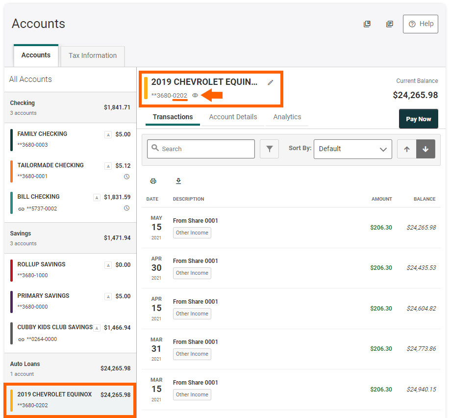 Online banking screenshot of Accounts page underneath Accounts tab. Orange box surrounding their Auto Loan showing where to find the Loan ID. Loan ID is the last 3 digits.