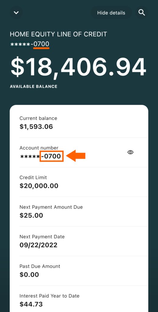 Mobile banking screenshot of Loan Account screen underneath the Show details page. Orange box surrounding their Home Loan showing where to find the Loan ID. Loan ID is the last 3 digits. In this example, the Loan ID is 700.