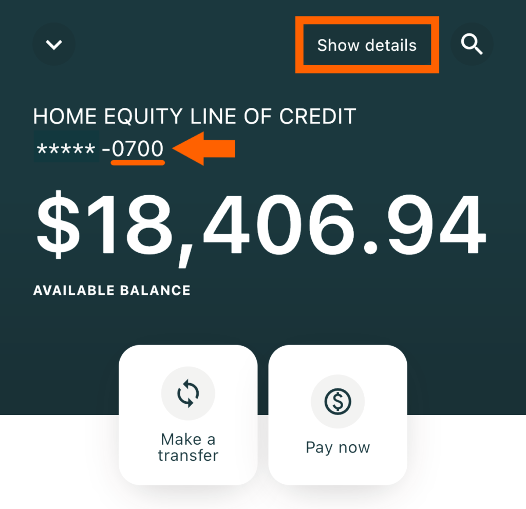 Mobile banking screenshot of Loan Account screen with an orange box surrounding their Home Loan showing where to find the Loan ID. Loan ID is the last 3 digits. In this example, the Loan ID is 700.