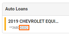 Online banking screenshot with a close up of Auto Loan with an orange box highlighting the Loan ID '0202' directly underneath Loan Description '2019 Chevrolet Equinox'.  In this example, the Loan ID is 202.