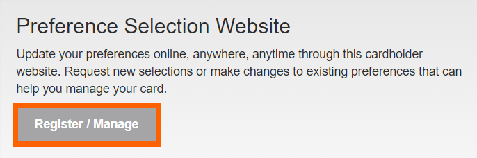 Screenshot of Debit Card Alert 'Preference Selection Website' page with an orange box around the Register/Manage button