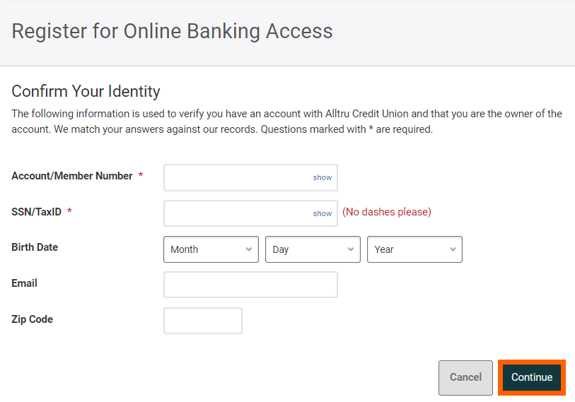Online banking registration with orange box highlighting Continue button