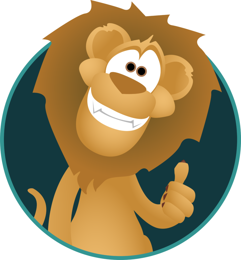 Alltru Kids Club Buddy CUbby the Lion is a cartoon lion shown inside of a circle shape, CUbby is smiling with a thumbs up. 