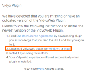 Video banking setup instructing Vidyo Plugin Download. Orange box is highlighting Step #2 which states 'Download VidyoWeb plugin for Windows or Mac'. Select Windows or Max download option.