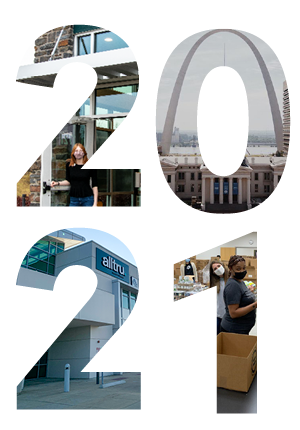 A graphic containing the year 2021 with images inside of each number. Number 2 containing an employee holding open a branch door; Number 0 containing the St. Louis Arch; Number 2 containing the Alltru headquarters; Number 1 includes employees at a volunteer event.